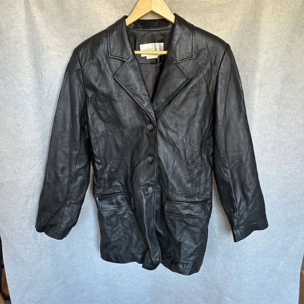 Vintage Margaret Godfrey Black Leather Mid-Length Jacket Size M Button-Up